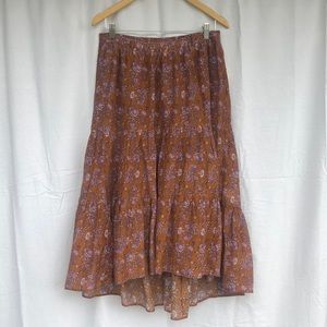 Xirena flowy calf-length tiered rust and purple skirt